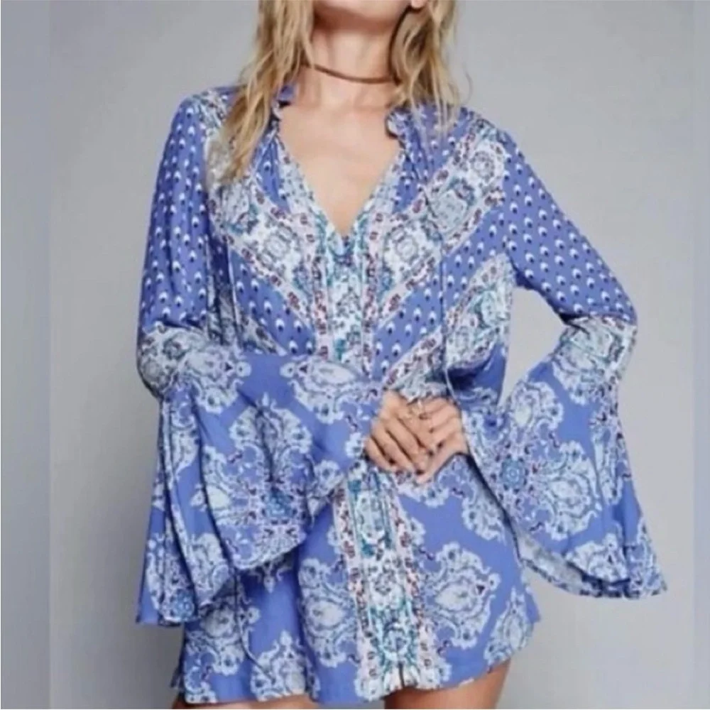 Free People Magic Mystery Tunic Dress Bell Sleeve Blue Boho XS NWOT - Picture 1 of 6